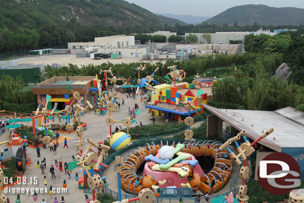 The view from the top.  Beyond Toy Story Land is a backstage/expansion area.  I believe the fenced in area in the middle is where the fireworks launch from.