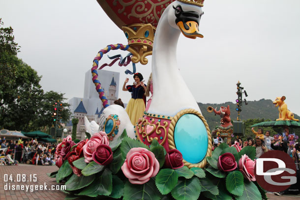 Snow White and Sleeping Beauty on the front of the swan float.