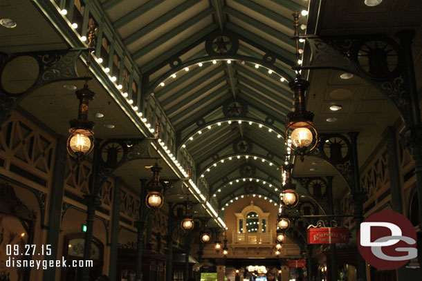 The Liberty Arcade.  The park has two arcades/enclosed walkways that parallel Main Street USA. These allow for easy travel during crowded times, like right now with the parade on the street.