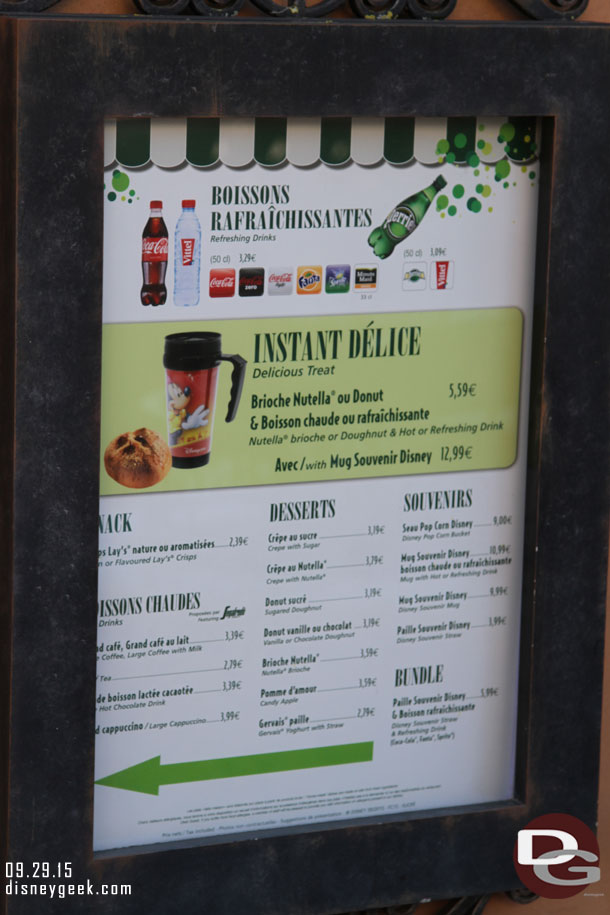 Menu of a near by refreshment stand.