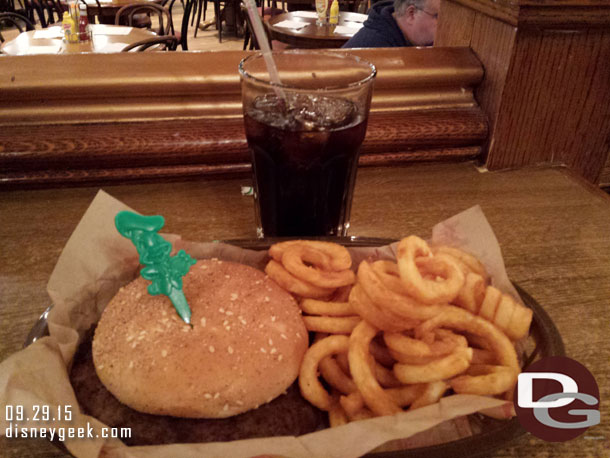 My meal.  Hamburger, curly fries, and a Coke (also note they did free refills of soft drinks here).