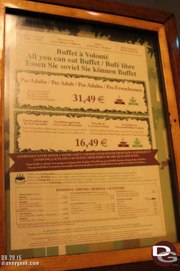 A look at the menu for the dinner buffet at the hotel