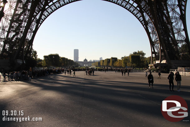 Standing under the Tower.  On the left one of several queues to head up.