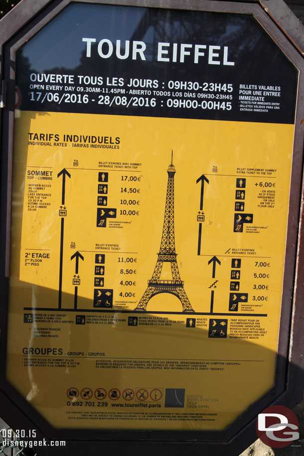 The choices to tour and prices.  We opted to the top so it was 17 euros per person.