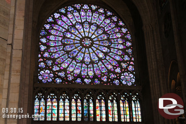 Looking across to the north Rose Window.  This one features the old testament.  It is 85% original glass still.