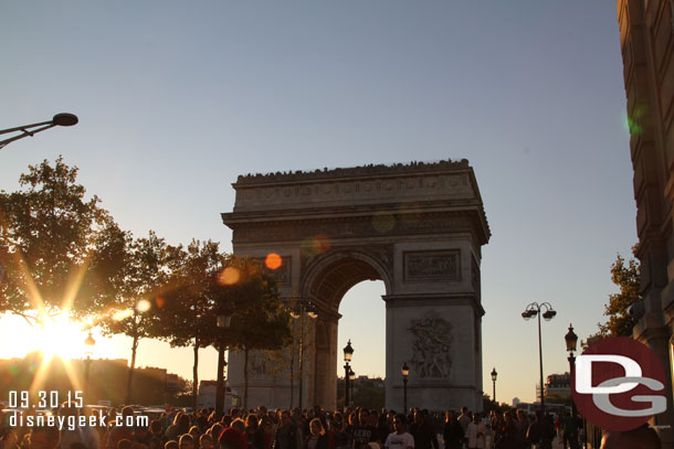 We surfaced right across from the Arc de Triomphe.  Our plan was to arrive around sunset when we set up the day and we came pretty close to right on time with all our estimates.  It was just before 7pm.