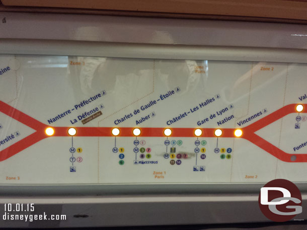 The trains have various boards to tell ou about the stations.  Here is a sample from the RER A the train from Disney.  