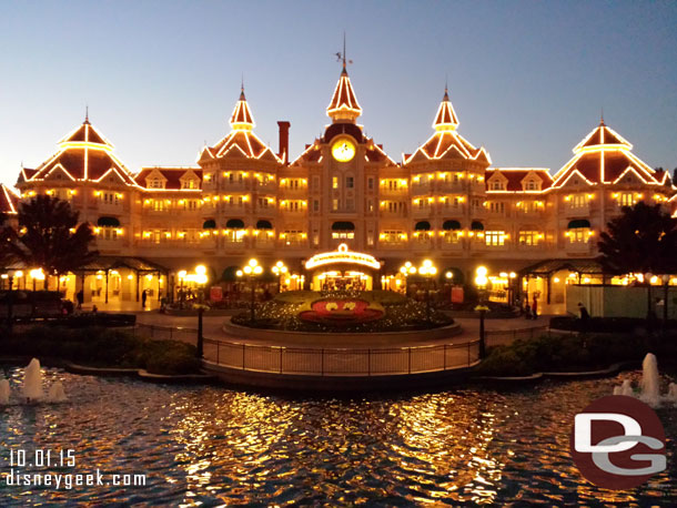 The Disneyland Hotel and park entrance this evening.