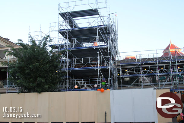 The Main Street train station scaffolding progress.