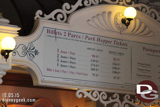 Current pricing for Disneyland Paris