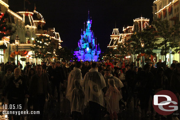 Looking up Main Street for one last look at Sleeping Beauty Castle after dark.