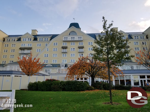 Looking back at Disney's Newport Bay Club as I walked toward Disney Village and the parks.