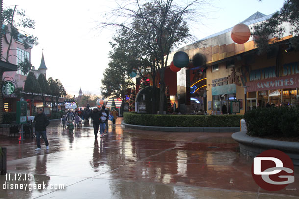 Walking through the Disney Village.  Christmas decorations, marketplaces, and photo ops are set up.