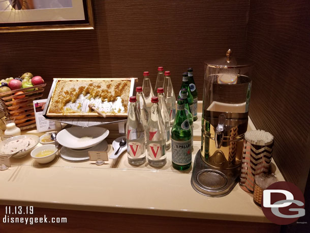 The buffet line was not overly busy so here is a look at the choices this morning (which turned out to be the same every morning).  Starting off on the right side with some water and honey.