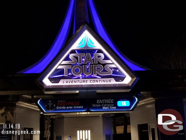 Star Tours had a 15 min wait posted.