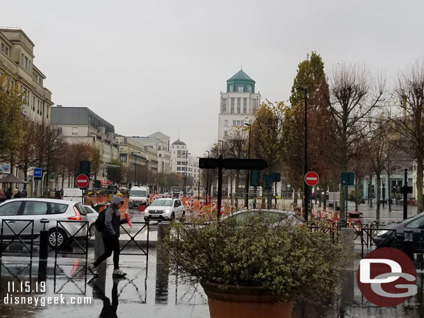 The rain let up a bit as we were leaving.  The train station is up on the left.