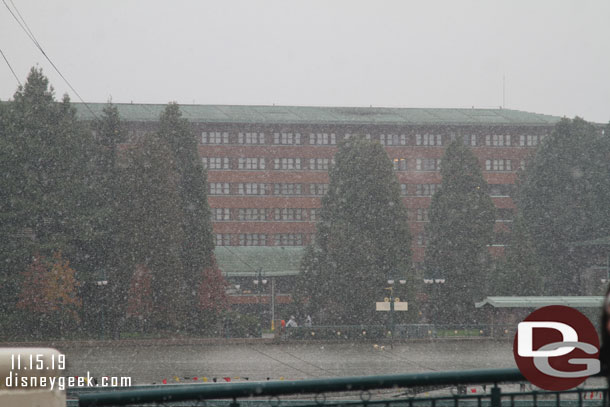Looking across Lake Disney at the Sequoia Lodge as the snow fall increased.