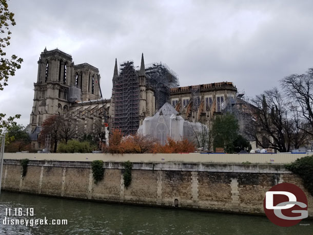 A wider view of Notre Dame from across the river.