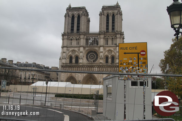 The large courtyard in front of Notre Dame is in the construction/restricted zone. this is as close as you can get to the front.