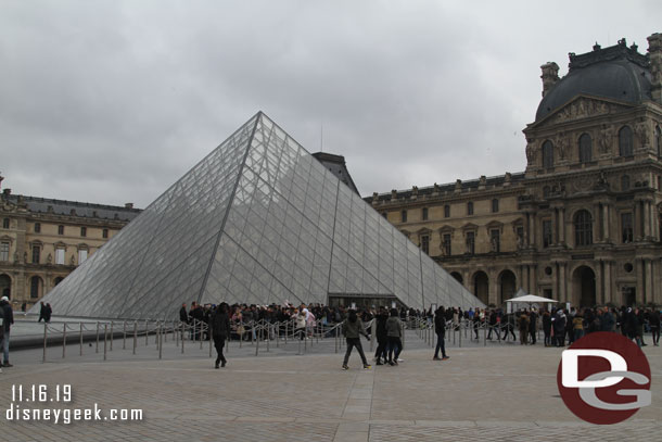 Pyramide du Louvre, on my 2015 trip we visited the Louvre but entered and exited from the lower level and never visited this courtyard or the gardens.  The lines up here look much heavier than what we experienced, but still not filling the queue today.  