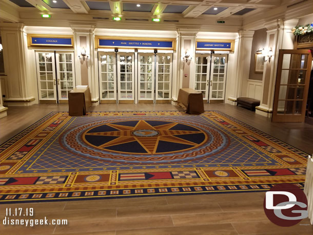 The main lobby entrance at Disney's Newport Bay Club.  Quiet at 8:47pm on a Sunday.