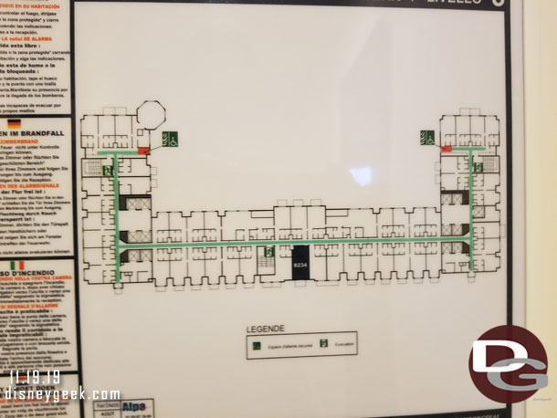 A map of the floor to give an idea of how it is laid out.  Our room was in the center between the two wings. Meaning as far as you could get from an elevator.