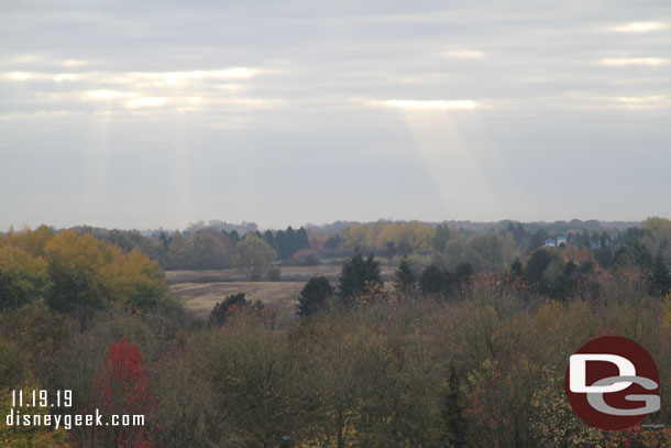 The sun breaking through the clouds as we prepare to leave for the parks this morning.