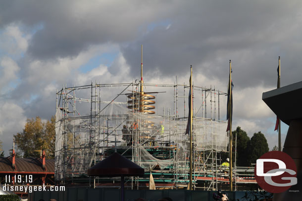 Workers removing the scaffolding from the Autopia queue.