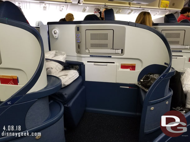 A wider view of what the seats look like in Delta One.  