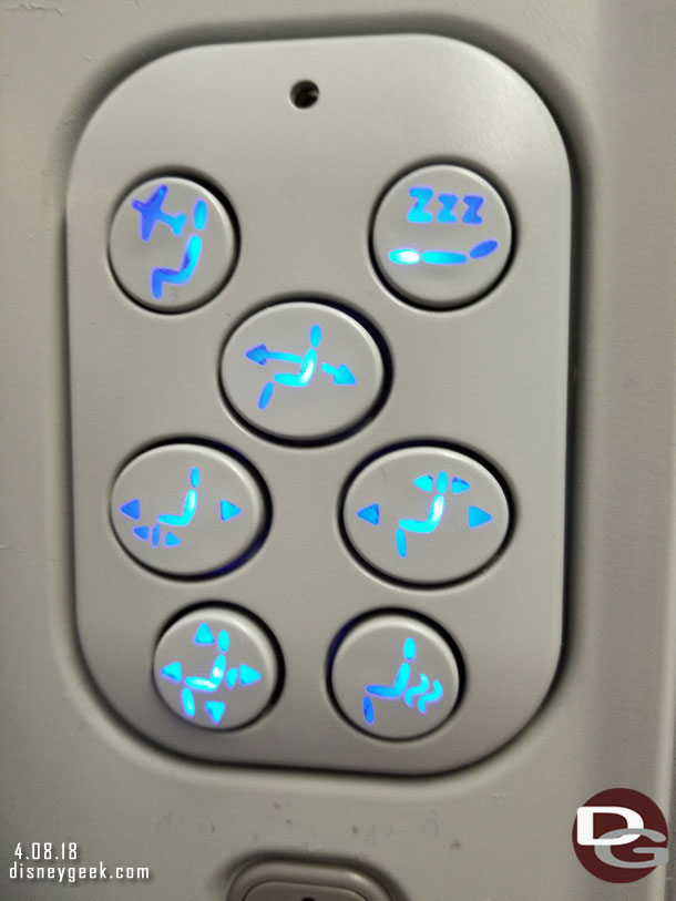 The control buttons/options for the seat.