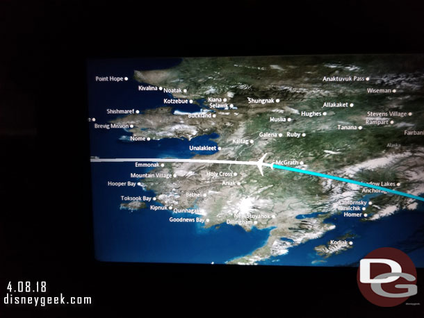 We were substantially further north than planned. We flew over Anchorage and then just south of Nome.  This is several hundred miles north of the projected path.