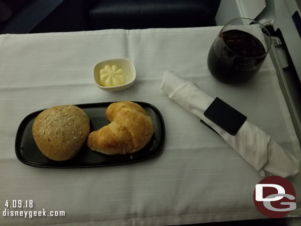 A little over an  hour before landing they came around with the almost there meals.  None looked remotely interesting to me so I just asked for the bread which turned out to be a croissant and a role.