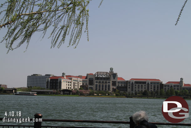 The Shanghai Disneyland Hotel on the opposite bank.