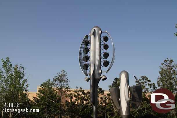 The parade route light and sound towers in Tomorrowland.