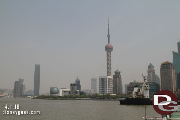 My first unobstructed view from the Bund.  The Bund is a waterfront avenue along the western bank of the  Huangpu River offer views of the skyscrappers on one side and colonial buildings on the other.  It stretches approximately one mile.