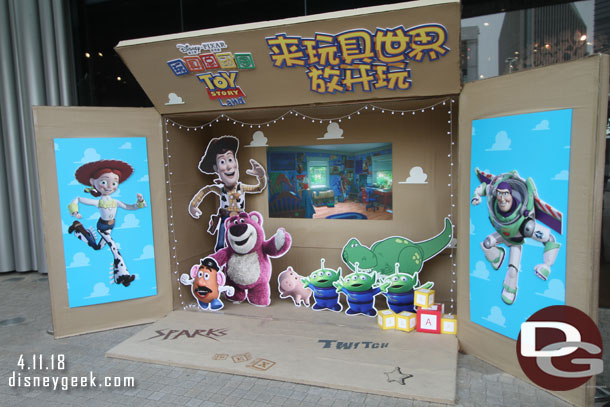 A Toy Story Land photo op in front of the store to promote the soon to open land.