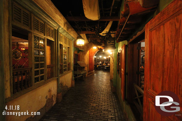 Walking down the hall.  There are several dining rooms to the left and right.. straight ahead is the one that you see when on Pirates.