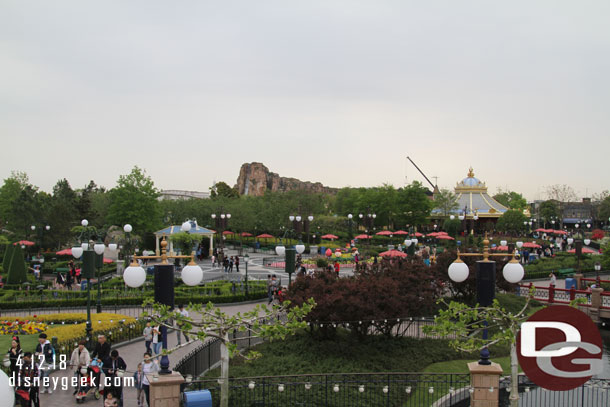 Looking toward Adventure Isle, in the foreground is the Gardens of Imagination and the Fantasia Carousel on the right.