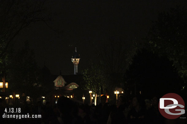 The Tangled Tower in the distance in Fantasyland.