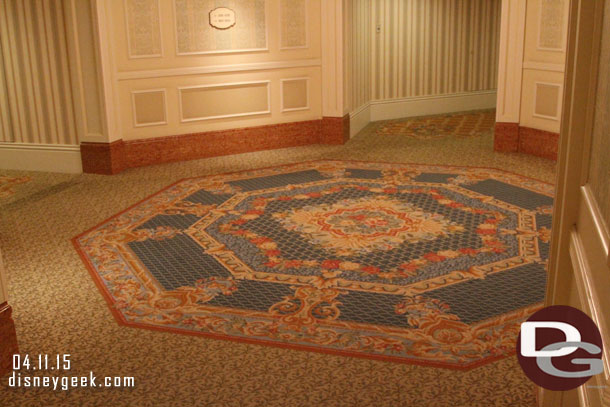 Looking down a guest hallway.