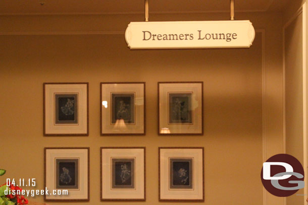 The Dreamers Lounge is under the large windows and spans most of the lobby.