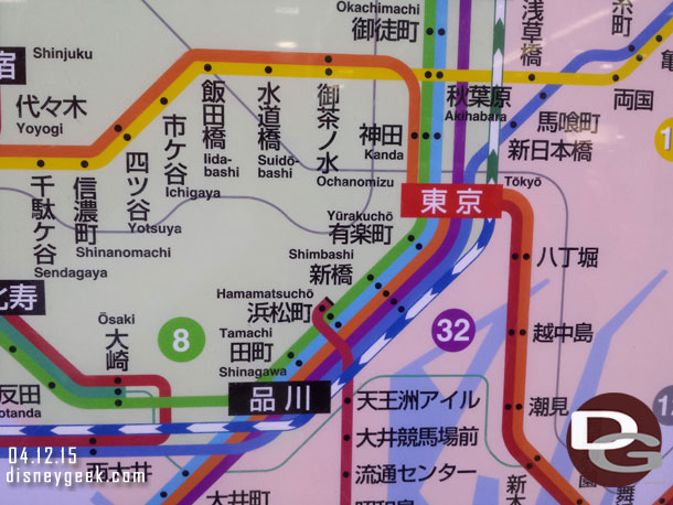 We reached Tokyo Central without a problem but then ran into a challenge.  The train line I wanted to take was down as was my backup route.. so had to study the map and try to figure out how to get from Tokyo to Hamamatsucho Station with both the green and blue lines on this map down.