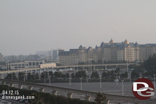 Awoke and looked outside to this view.. a Monorail passing in front of the Tokyo Disneyland Hotel.