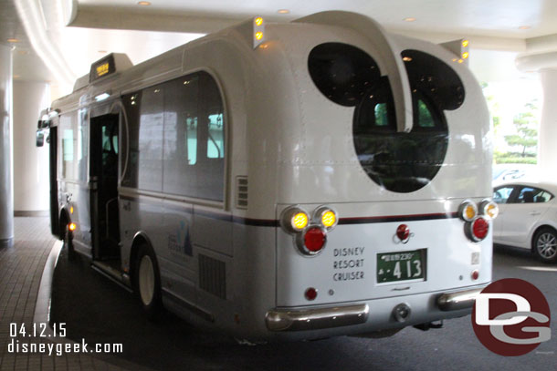 A waiting Disney Resort Cruiser to take us to the Bayside Station