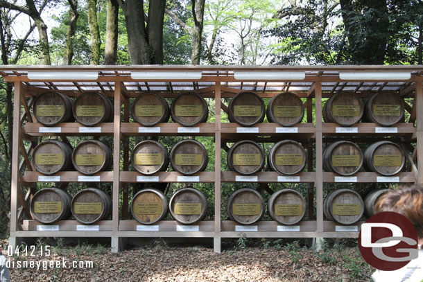 The other side of the walkway has wine barrels