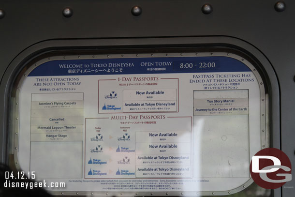 The sign above the ticket booth letting you know what is available as far as tickets, attractions, and even FastPasses.