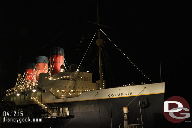 After Fantasmic! I set off to walk around the park and take in some of the sights after dark in a quick tour.  I started off in the American Waterfront passing the SS Columbia.