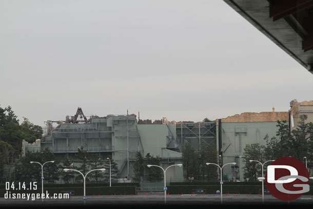 The backstage side of Indiana Jones at Tokyo DisneySea as seen from the Bayside Station