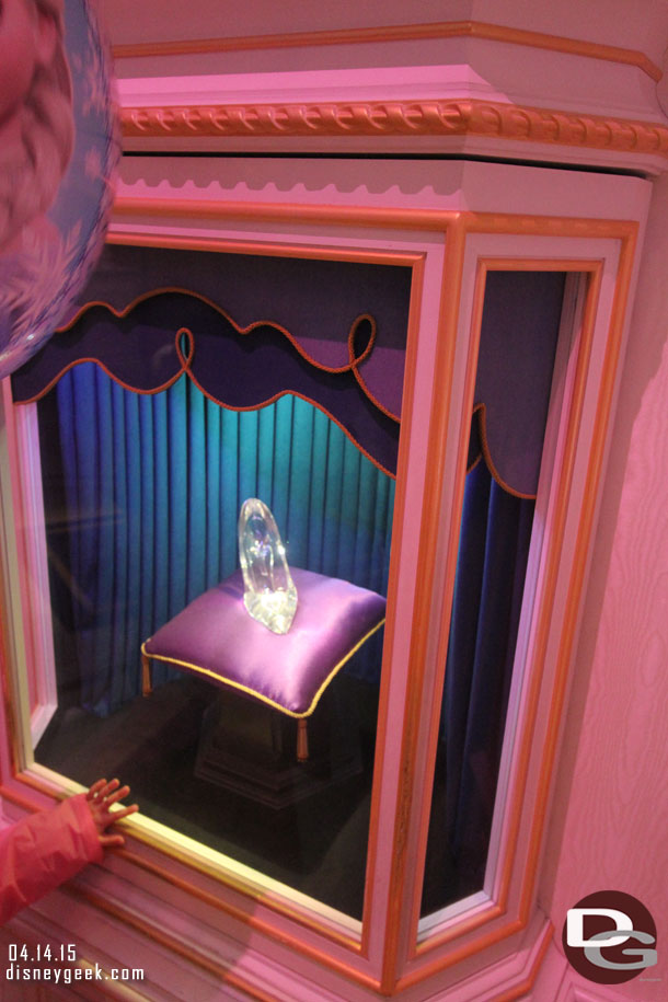 A glass slipper on display.