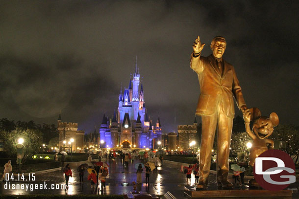 Walt and Mickey Partners statue with Cinderella Castle this evening.